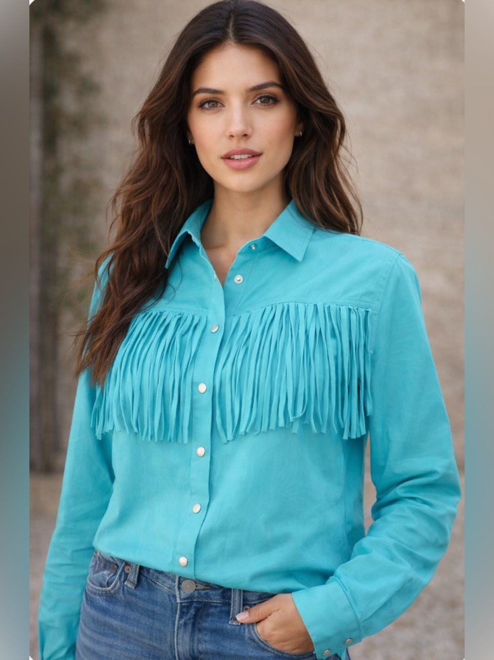 Roper turquoise fringe western shirt small snap buttons modern boho concert chic